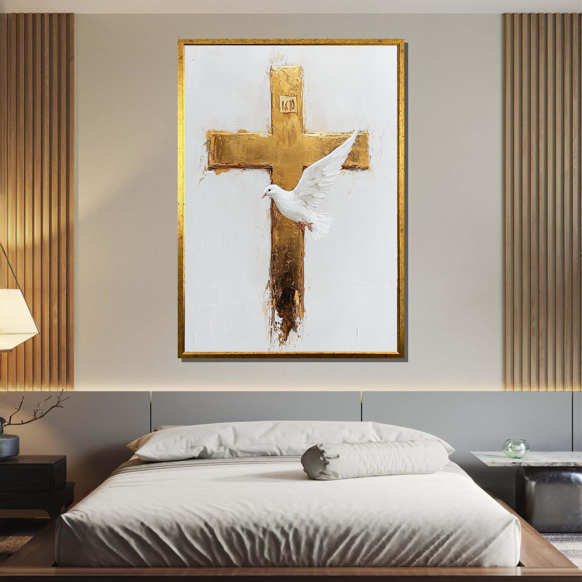 Golden Cross and Dove Canvas, Symbol of Peace Art, Elegant Christian Wall Decor, Religious Canvas, Ready to Hang, Bold Christian Artwork