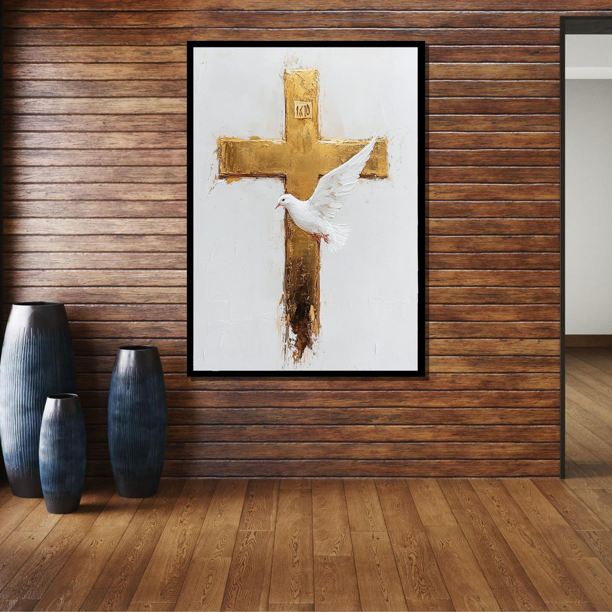 Golden Cross and Dove Canvas, Symbol of Peace Art, Elegant Christian Wall Decor, Religious Canvas, Ready to Hang, Bold Christian Artwork