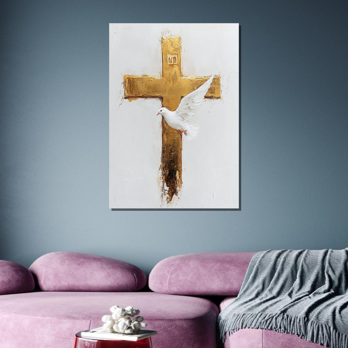 Golden Cross and Dove Canvas, Symbol of Peace Art, Elegant Christian Wall Decor, Religious Canvas, Ready to Hang, Bold Christian Artwork