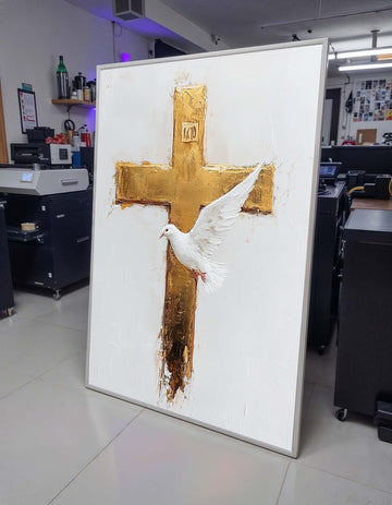 Golden Cross and Dove Canvas, Symbol of Peace Art, Elegant Christian Wall Decor, Religious Canvas, Ready to Hang, Bold Christian Artwork