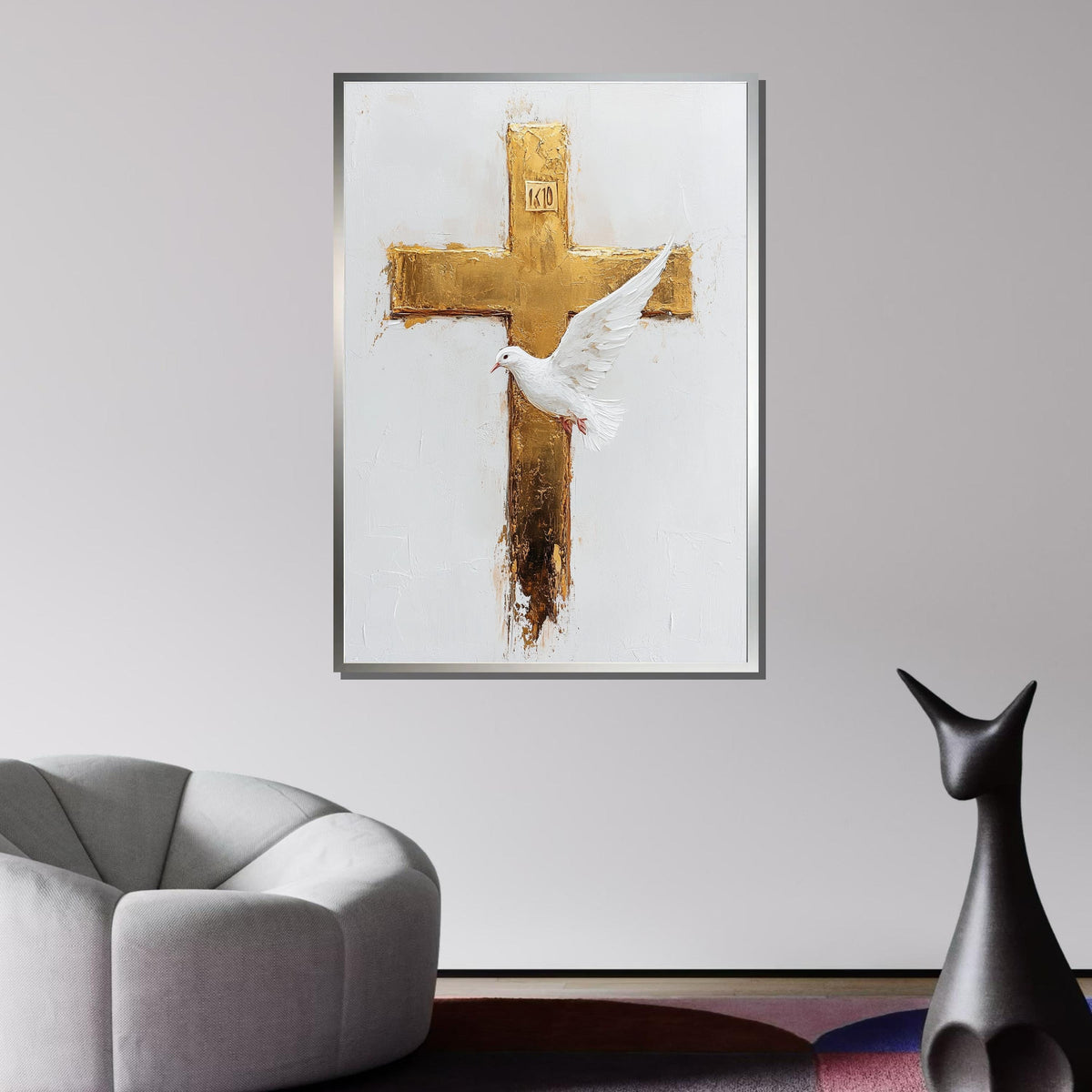 Golden Cross and Dove Canvas, Symbol of Peace Art, Elegant Christian Wall Decor, Religious Canvas, Ready to Hang, Bold Christian Artwork