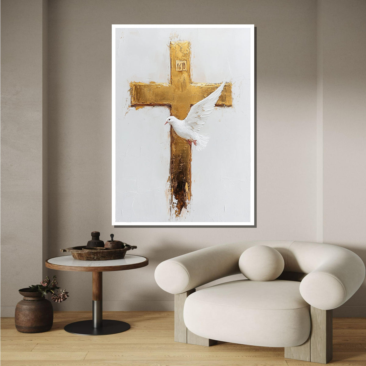 Golden Cross and Dove Canvas, Symbol of Peace Art, Elegant Christian Wall Decor, Religious Canvas, Ready to Hang, Bold Christian Artwork