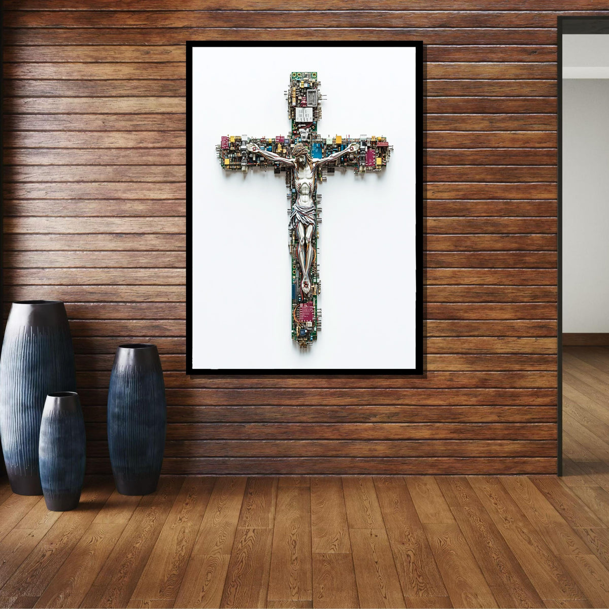 Tech Crucifix Canvas, Cyber Jesus Art, Modern Cross Artwork, Futuristic Religious Decor,  Religious Canvas, Ready to Hang, Christian Artwork