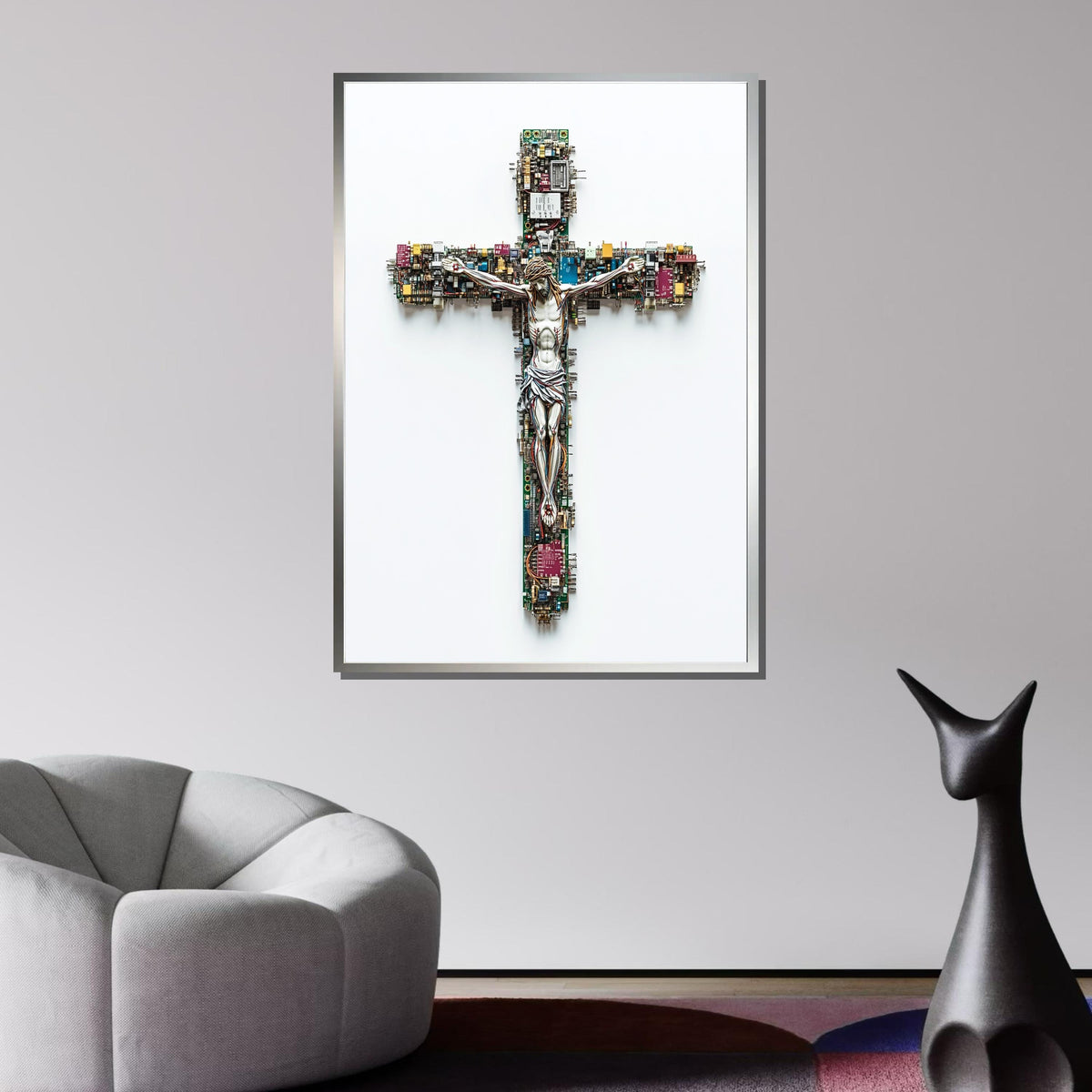 Tech Crucifix Canvas, Cyber Jesus Art, Modern Cross Artwork, Futuristic Religious Decor,  Religious Canvas, Ready to Hang, Christian Artwork