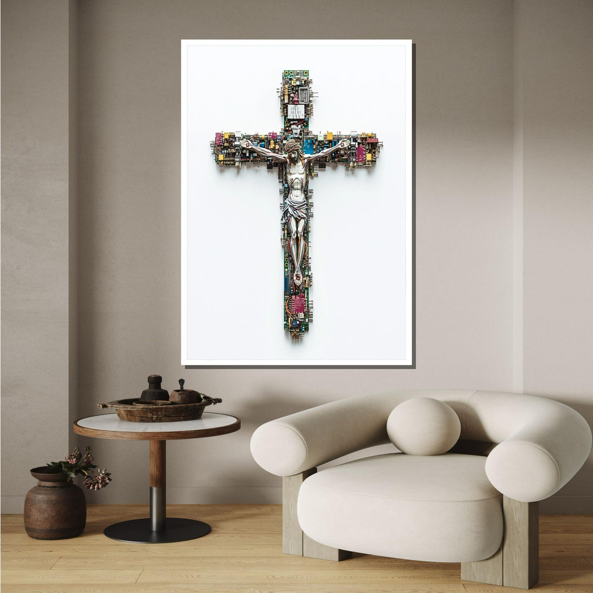 Tech Crucifix Canvas, Cyber Jesus Art, Modern Cross Artwork, Futuristic Religious Decor,  Religious Canvas, Ready to Hang, Christian Artwork
