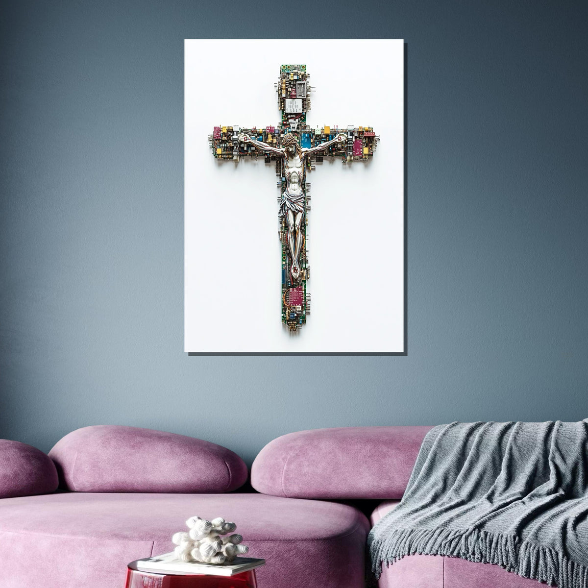 Tech Crucifix Canvas, Cyber Jesus Art, Modern Cross Artwork, Futuristic Religious Decor,  Religious Canvas, Ready to Hang, Christian Artwork