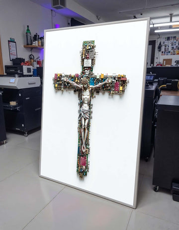 Tech Crucifix Canvas, Cyber Jesus Art, Modern Cross Artwork, Futuristic Religious Decor,  Religious Canvas, Ready to Hang, Christian Artwork