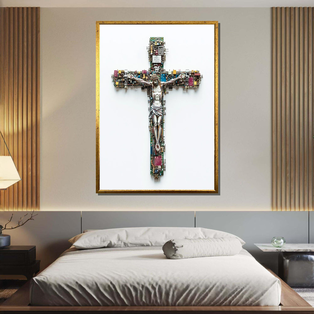 Tech Crucifix Canvas, Cyber Jesus Art, Modern Cross Artwork, Futuristic Religious Decor,  Religious Canvas, Ready to Hang, Christian Artwork