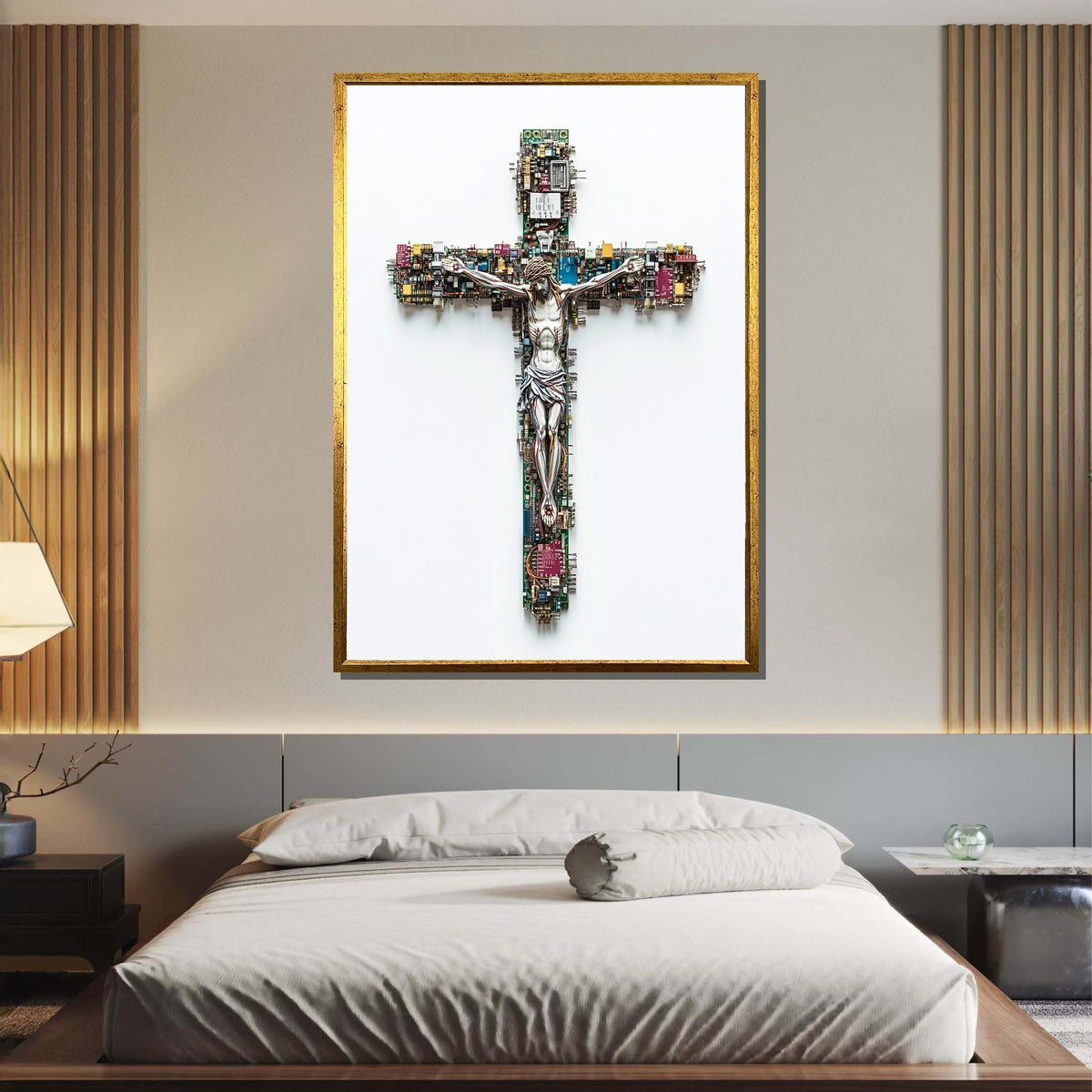 Tech Crucifix Canvas, Cyber Jesus Art, Modern Cross Artwork, Futuristic Religious Decor,  Religious Canvas, Ready to Hang, Christian Artwork