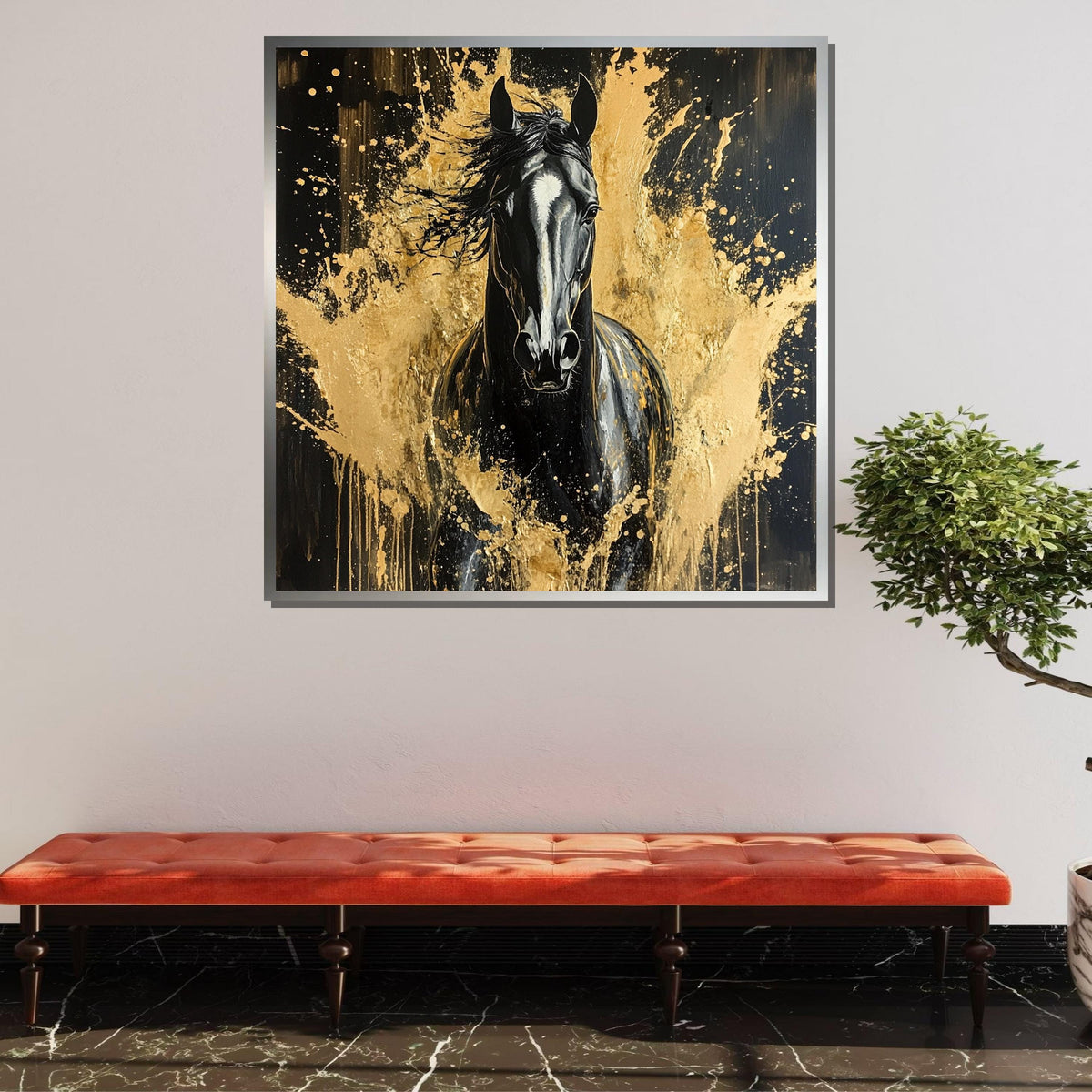 Black Stallion Gold Splash Canvas, Animal Print,Elegant Horse Art, Bold Equine Wall Decor, Luxury Animal Artwork, Ready to Hang