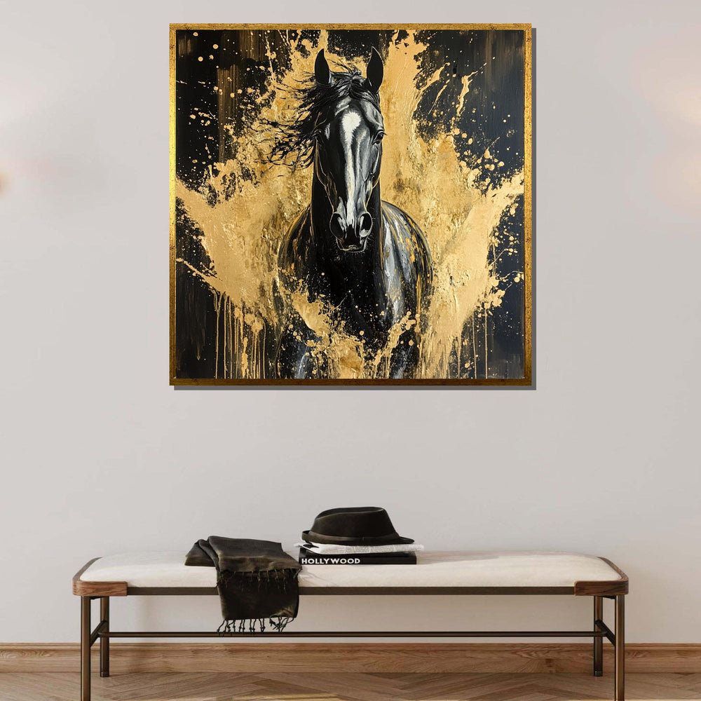Black Stallion Gold Splash Canvas, Animal Print,Elegant Horse Art, Bold Equine Wall Decor, Luxury Animal Artwork, Ready to Hang