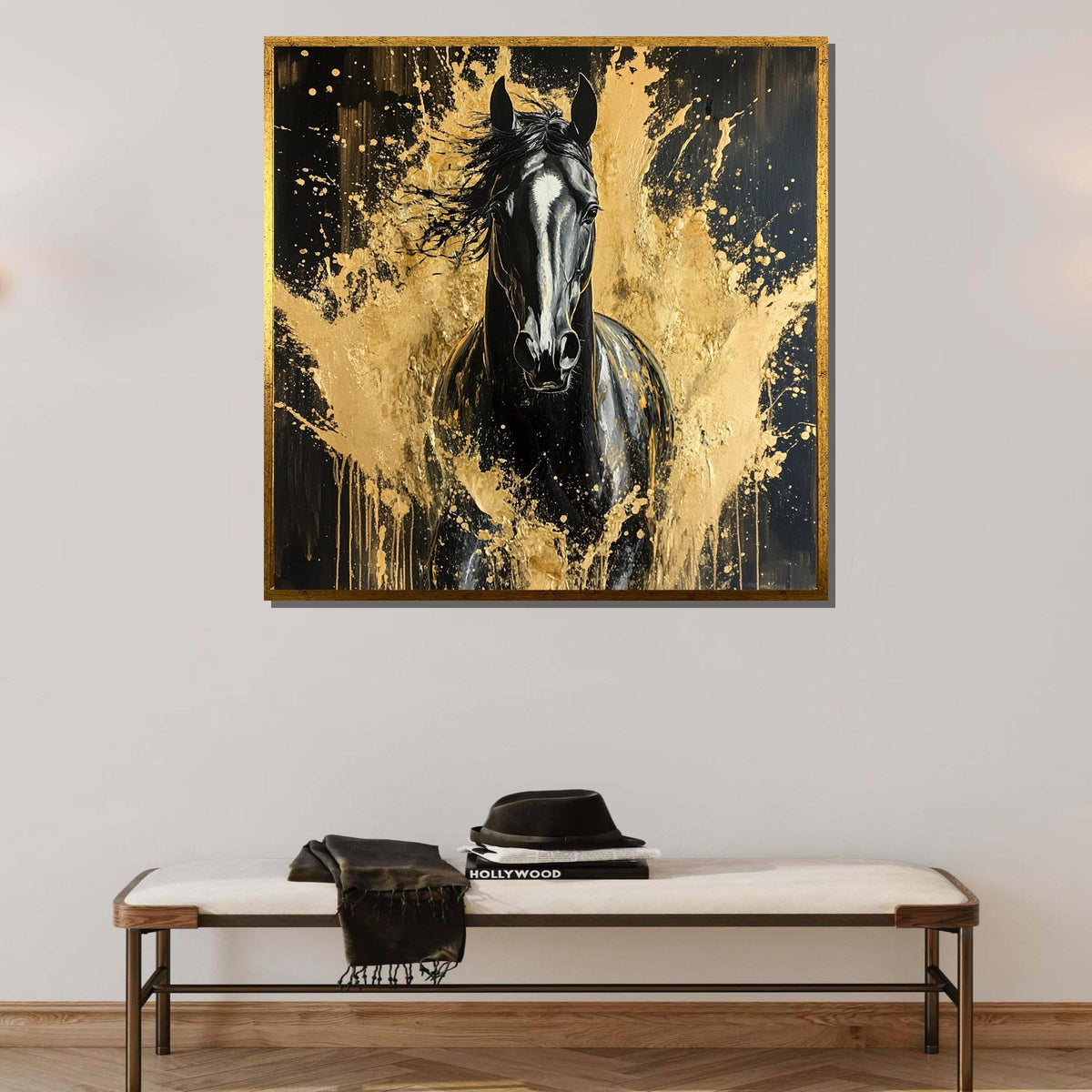Black Stallion Gold Splash Canvas, Animal Print,Elegant Horse Art, Bold Equine Wall Decor, Luxury Animal Artwork, Ready to Hang