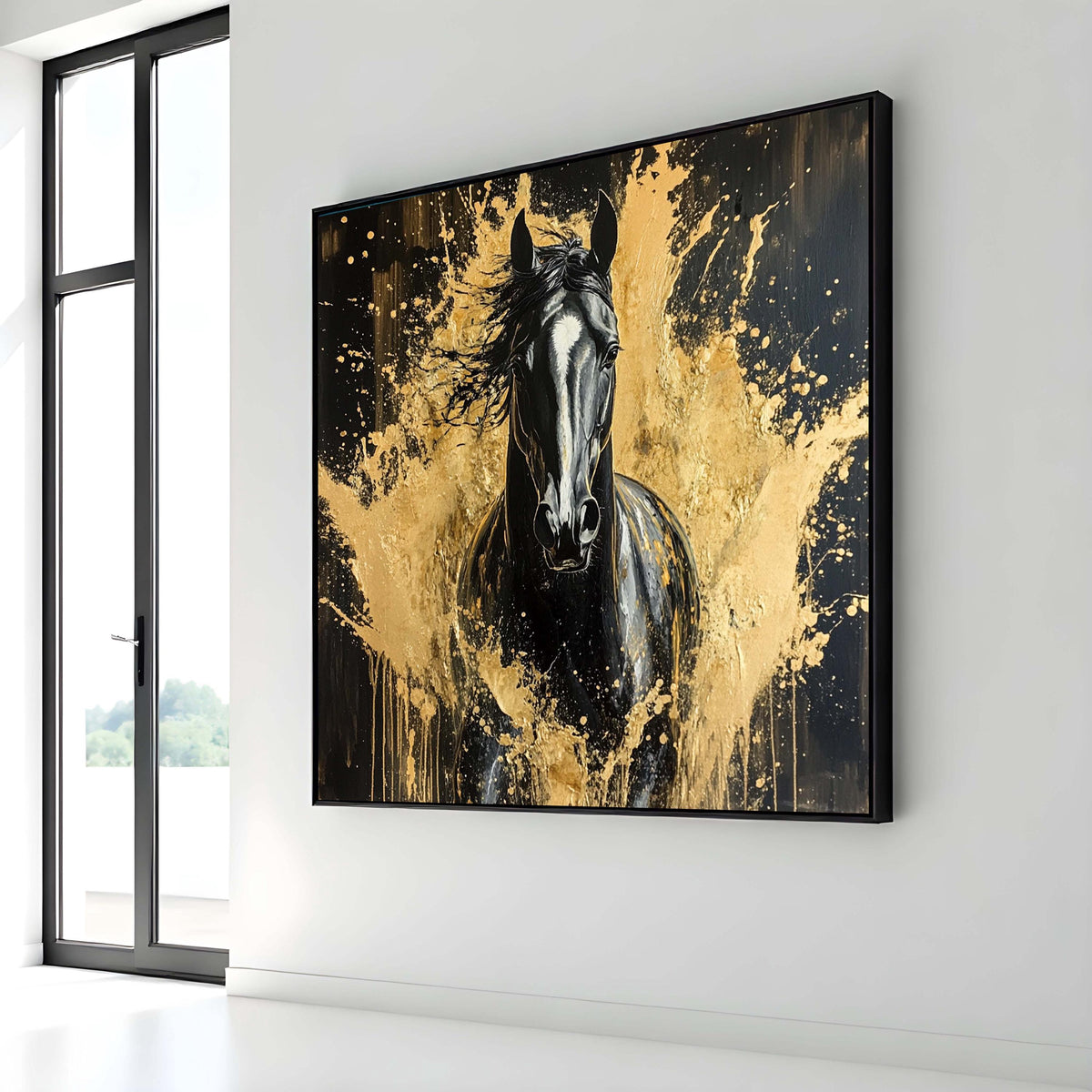 Black Stallion Gold Splash Canvas, Animal Print,Elegant Horse Art, Bold Equine Wall Decor, Luxury Animal Artwork, Ready to Hang