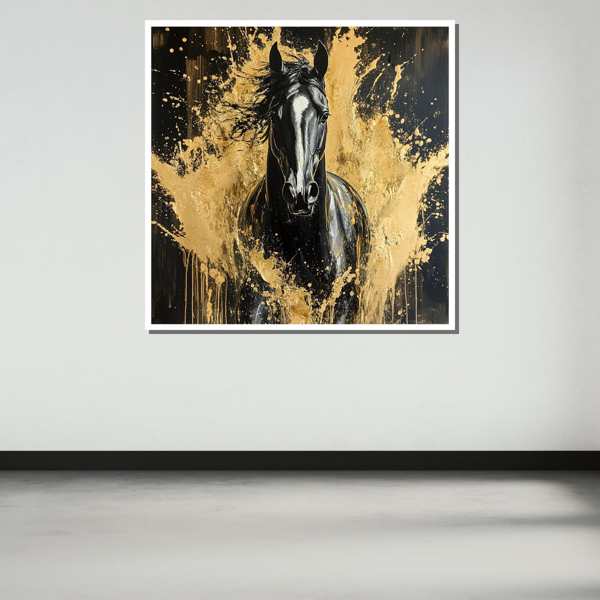 Black Stallion Gold Splash Canvas, Animal Print,Elegant Horse Art, Bold Equine Wall Decor, Luxury Animal Artwork, Ready to Hang