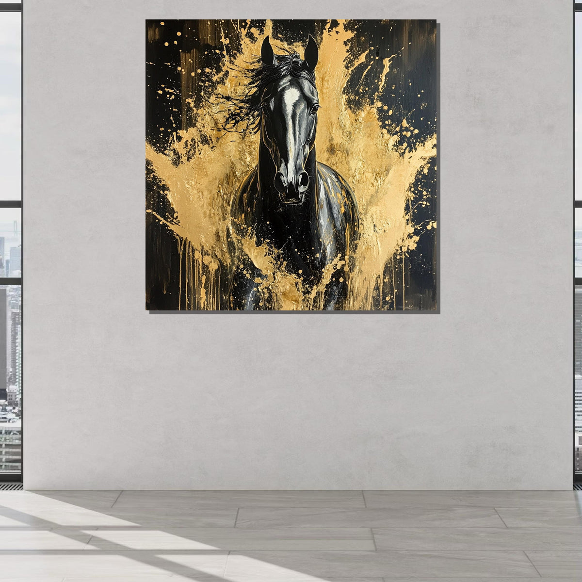 Black Stallion Gold Splash Canvas, Animal Print,Elegant Horse Art, Bold Equine Wall Decor, Luxury Animal Artwork, Ready to Hang