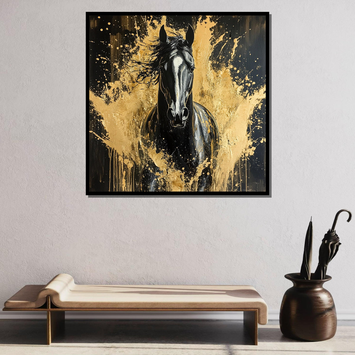 Black Stallion Gold Splash Canvas, Animal Print,Elegant Horse Art, Bold Equine Wall Decor, Luxury Animal Artwork, Ready to Hang