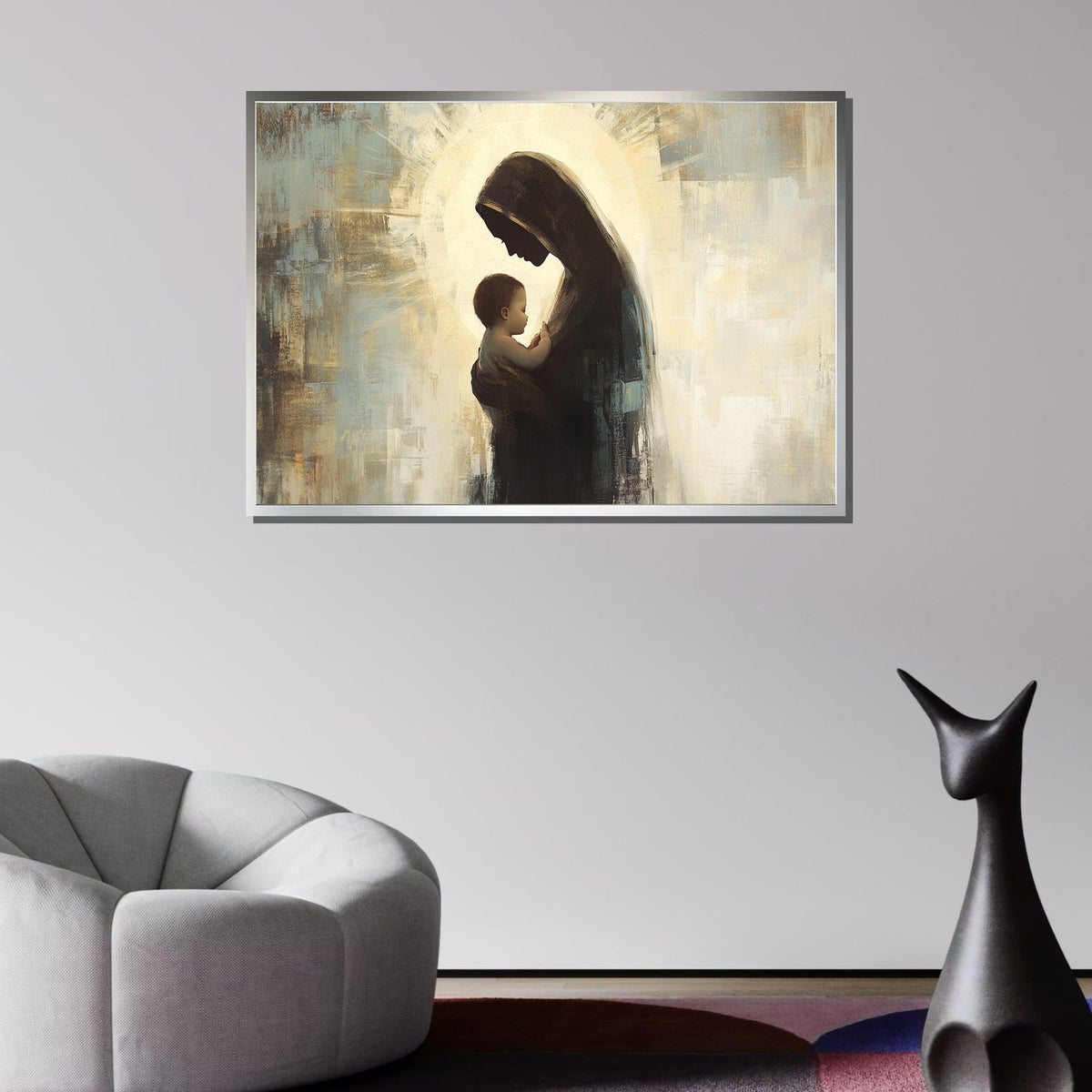 Mother and Child Silhouette Canvas, Holy Madonna Art, Modern Religious Wall Decor, Spiritual Motherhood Artwork, Ready to Hang