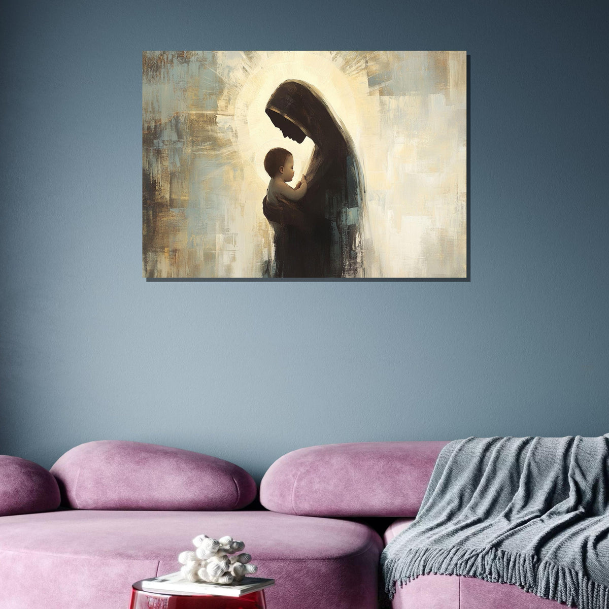 Mother and Child Silhouette Canvas, Holy Madonna Art, Modern Religious Wall Decor, Spiritual Motherhood Artwork, Ready to Hang