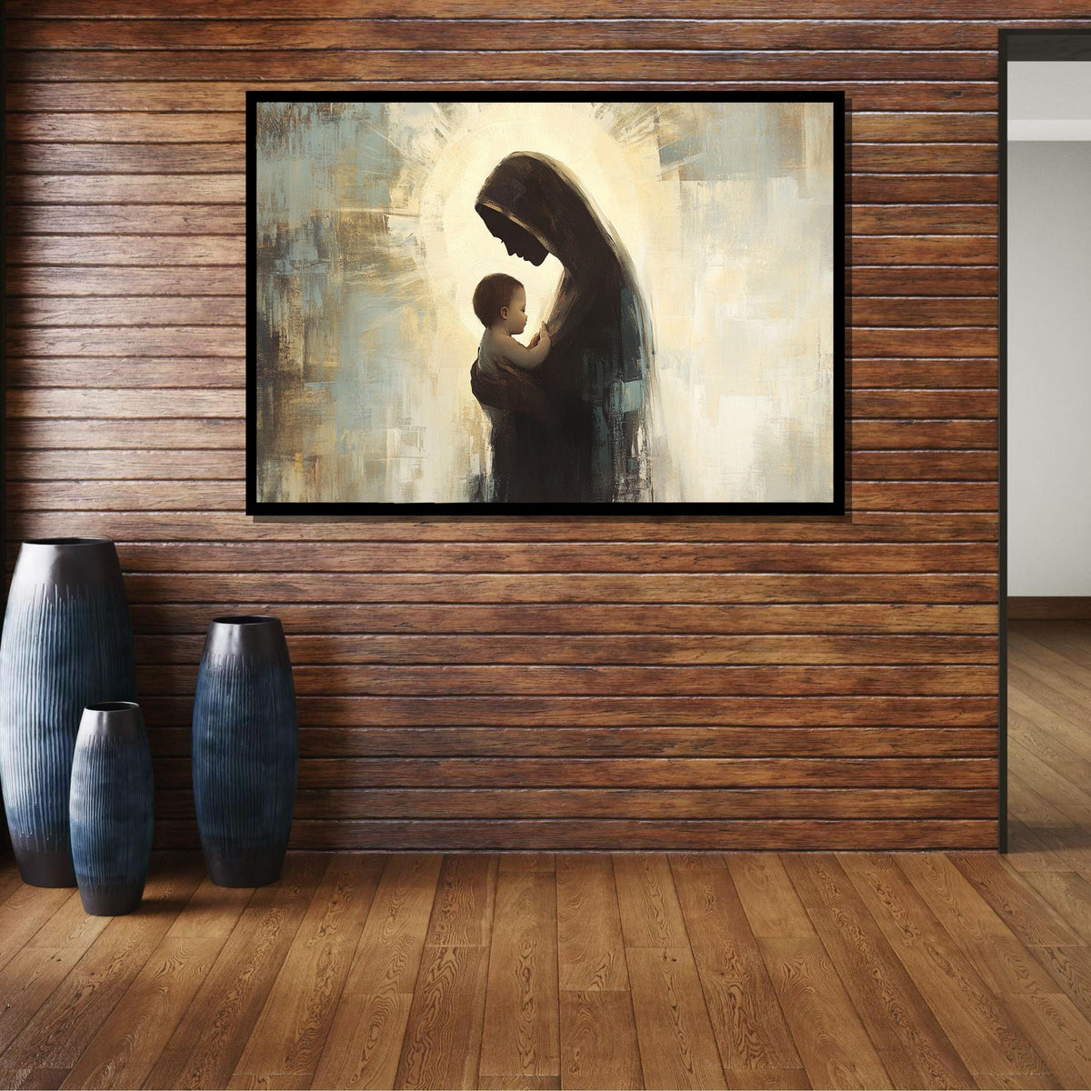 Mother and Child Silhouette Canvas, Holy Madonna Art, Modern Religious Wall Decor, Spiritual Motherhood Artwork, Ready to Hang
