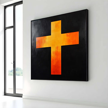 Abstract Orange Cross Canvas, Bold Christian Wall Art, Modern Religious Decor, Spiritual Symbol Artwork, Ready to Hang