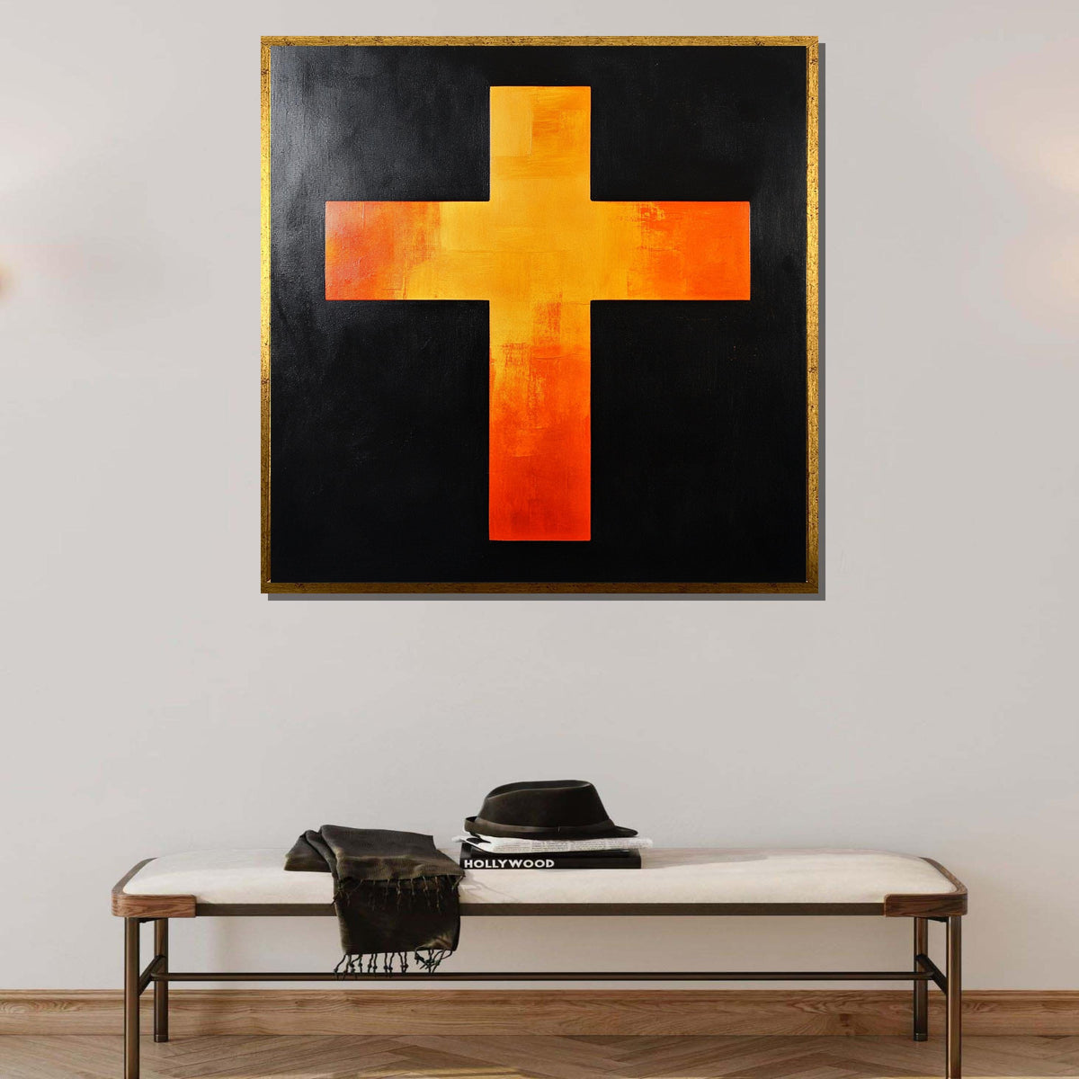 Abstract Orange Cross Canvas, Bold Christian Wall Art, Modern Religious Decor, Spiritual Symbol Artwork, Ready to Hang