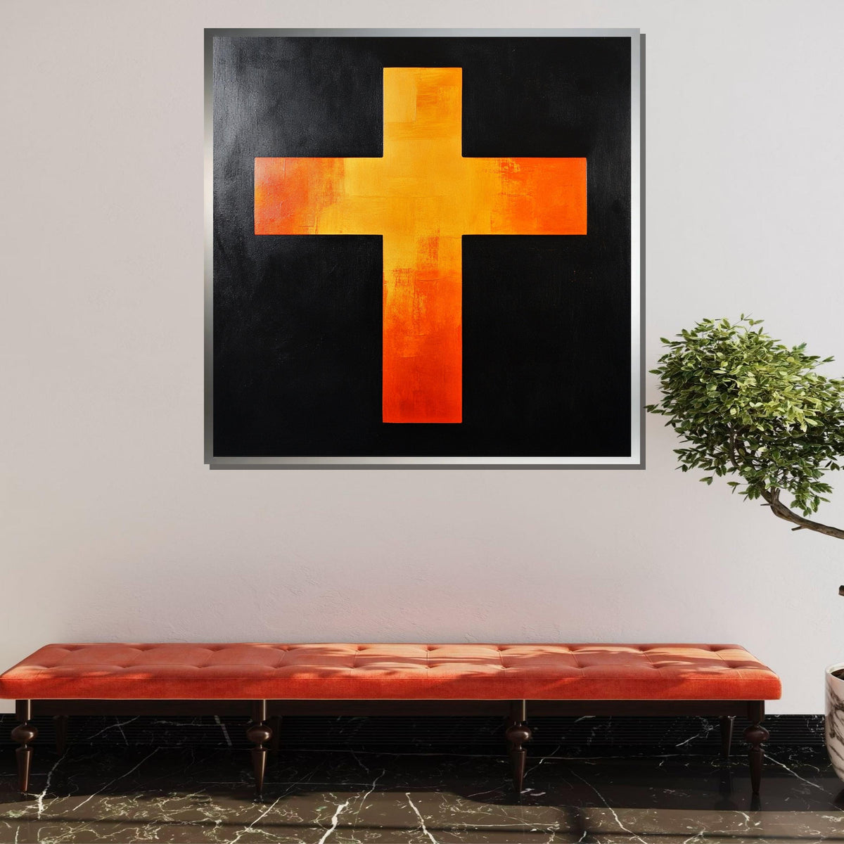 Abstract Orange Cross Canvas, Bold Christian Wall Art, Modern Religious Decor, Spiritual Symbol Artwork, Ready to Hang