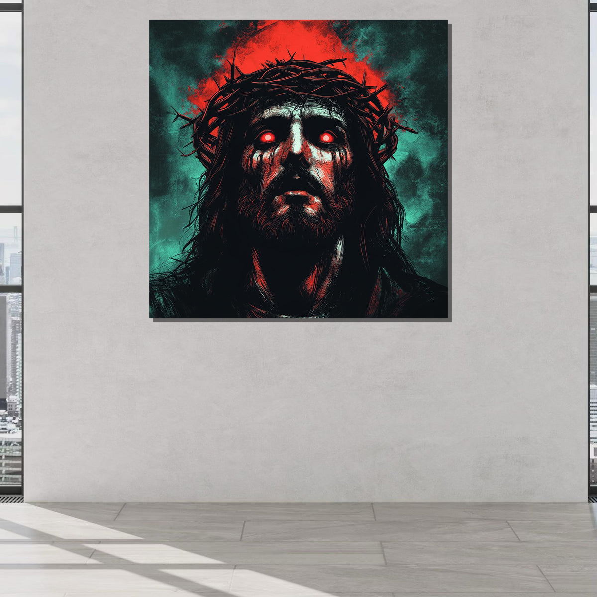 Intense Jesus Portrait Canvas, Dark Spiritual Art, Crown of Thorns Religious Artwork, Unique Christian Wall Decor, Ready to Hang