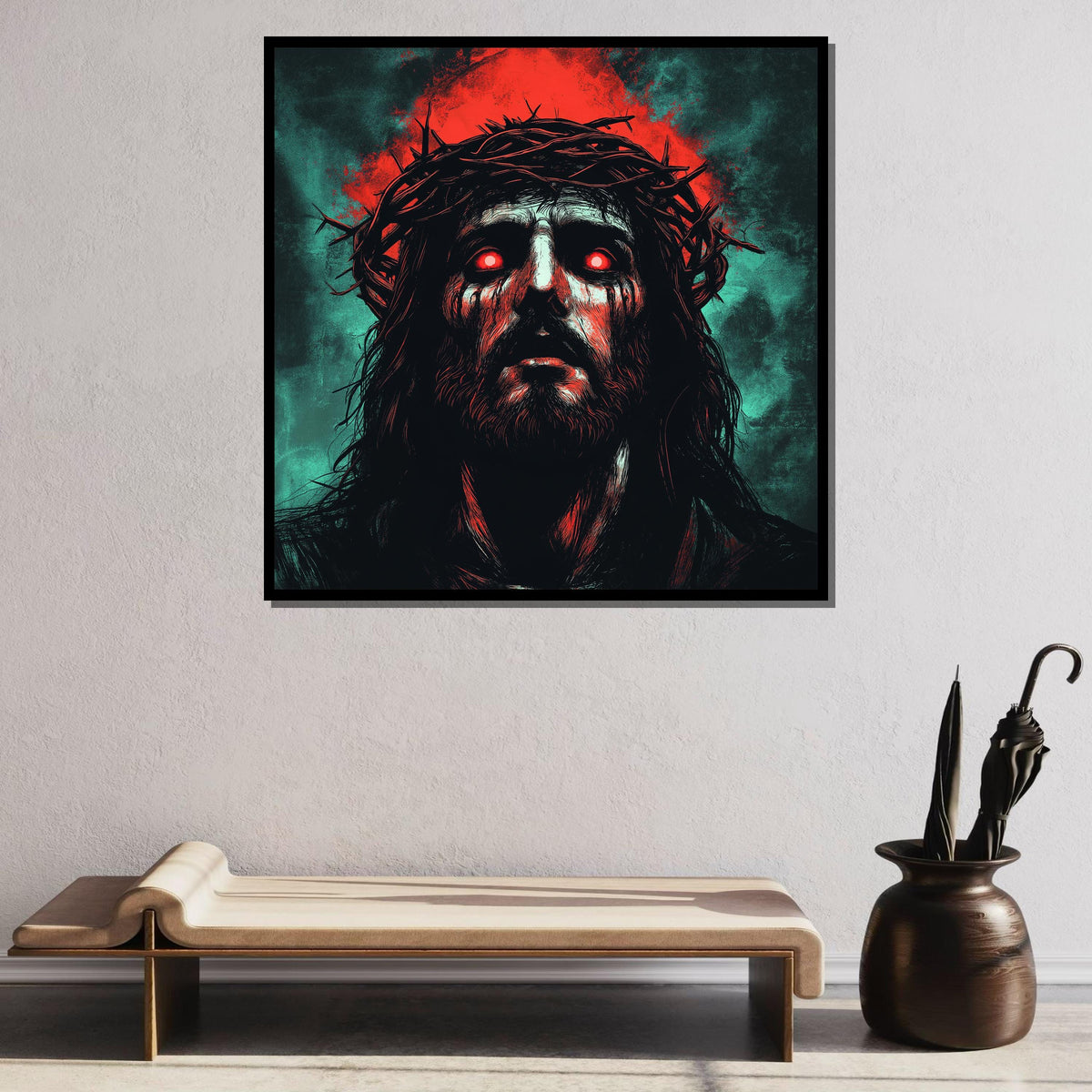Intense Jesus Portrait Canvas, Dark Spiritual Art, Crown of Thorns Religious Artwork, Unique Christian Wall Decor, Ready to Hang