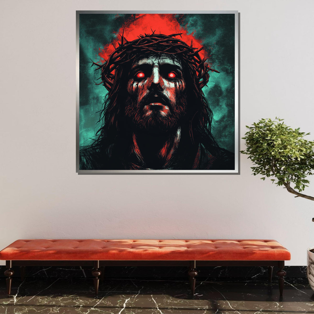 Intense Jesus Portrait Canvas, Dark Spiritual Art, Crown of Thorns Religious Artwork, Unique Christian Wall Decor, Ready to Hang