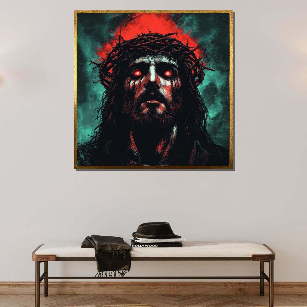 Intense Jesus Portrait Canvas, Dark Spiritual Art, Crown of Thorns Religious Artwork, Unique Christian Wall Decor, Ready to Hang