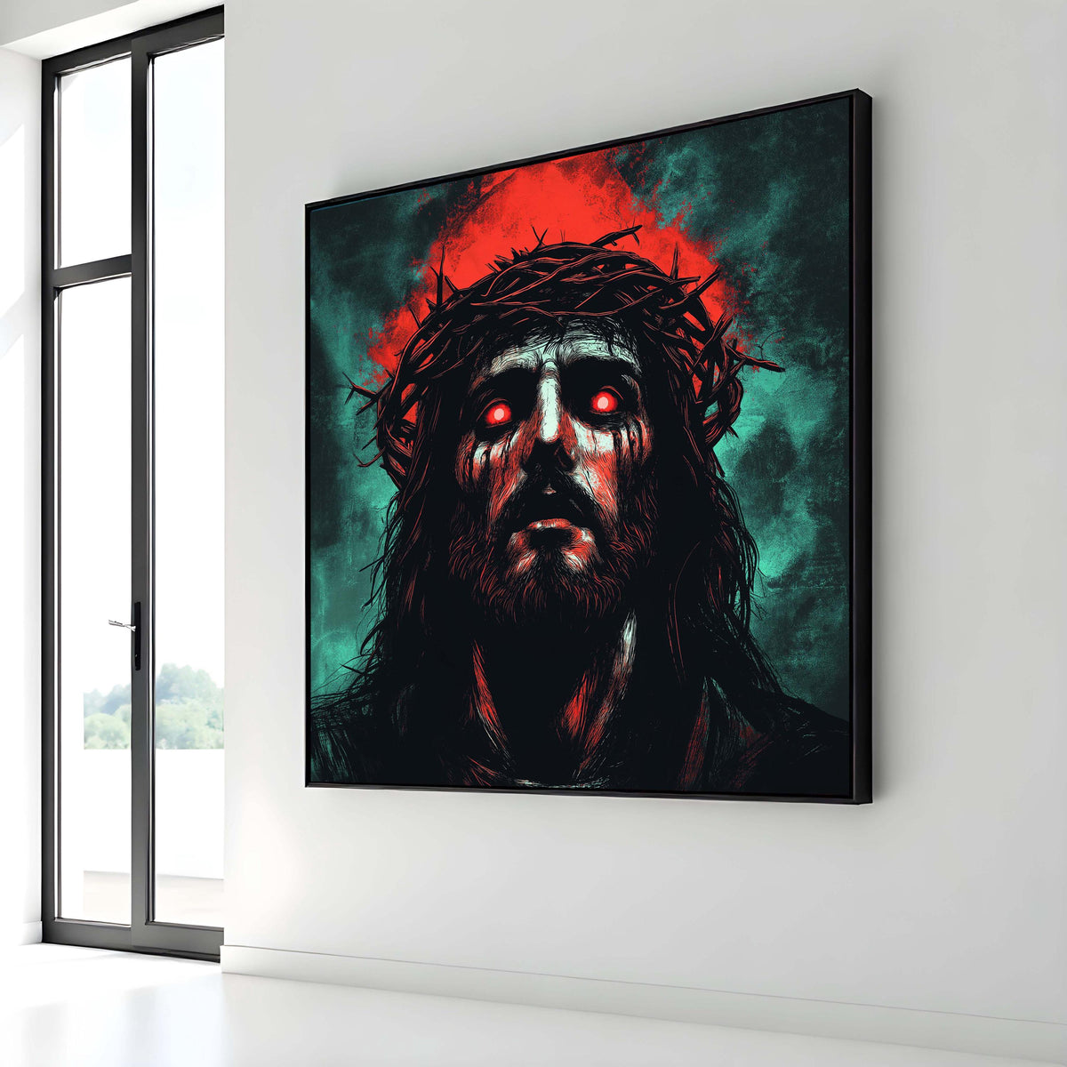 Intense Jesus Portrait Canvas, Dark Spiritual Art, Crown of Thorns Religious Artwork, Unique Christian Wall Decor, Ready to Hang