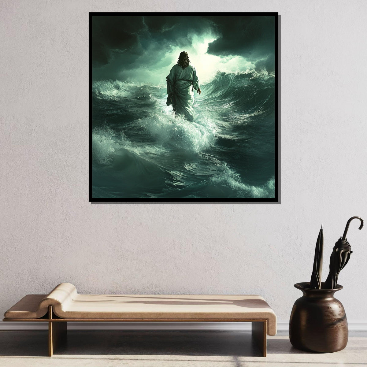 Jesus Walking on Water Canvas, Divine Miracle Art, Inspirational Christian Wall Decor, Spiritual Ocean Artwork, Ready to Hang