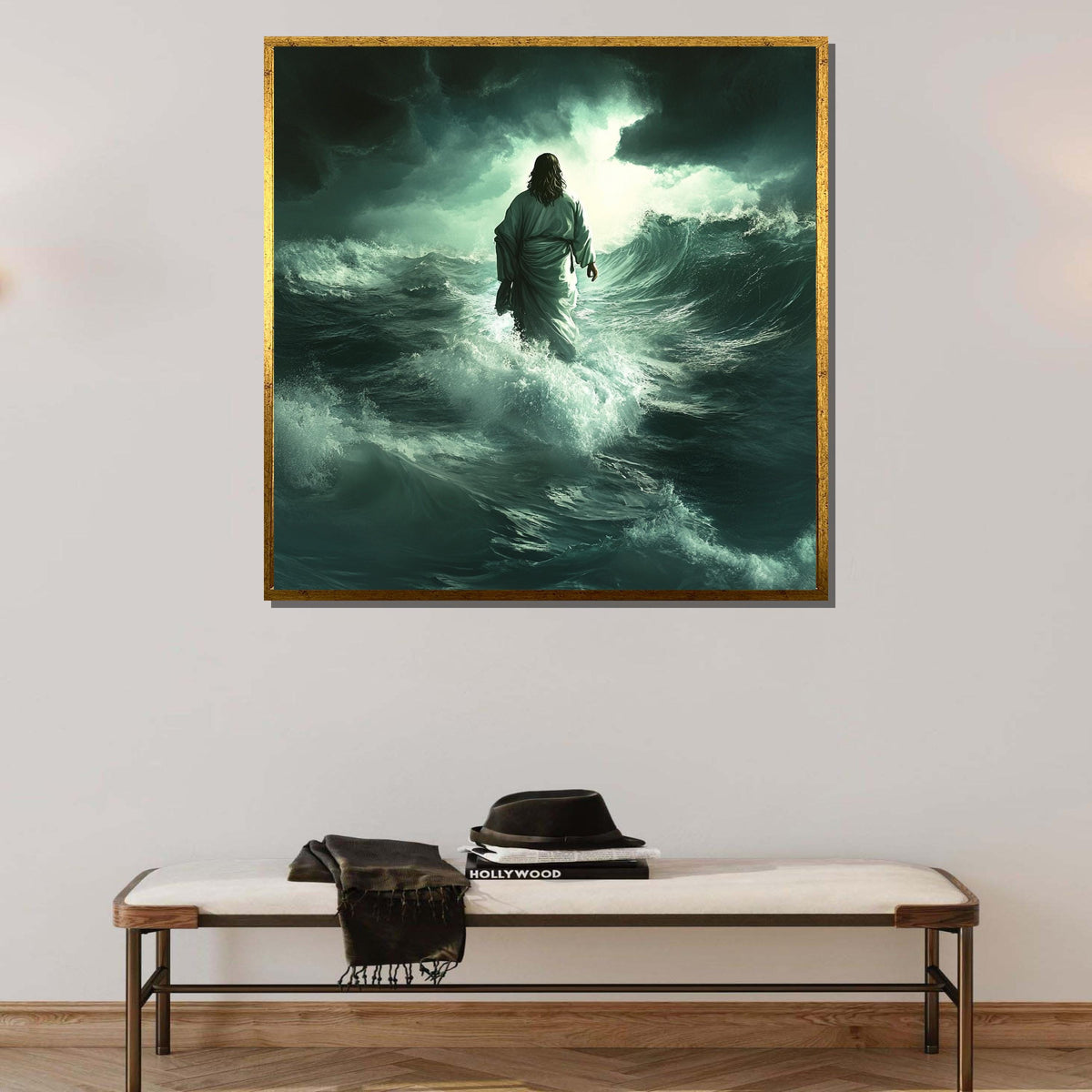 Jesus Walking on Water Canvas, Divine Miracle Art, Inspirational Christian Wall Decor, Spiritual Ocean Artwork, Ready to Hang