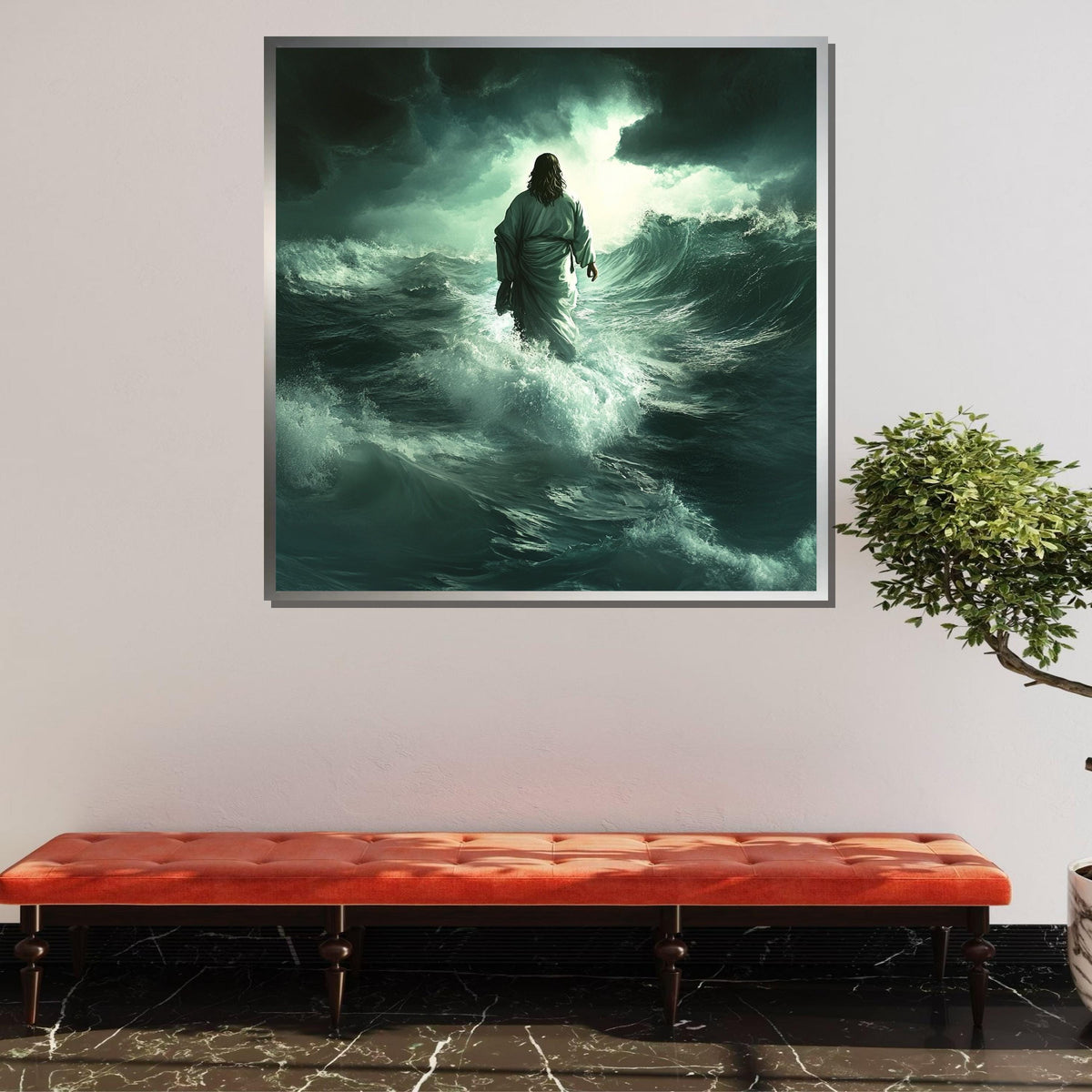 Jesus Walking on Water Canvas, Divine Miracle Art, Inspirational Christian Wall Decor, Spiritual Ocean Artwork, Ready to Hang