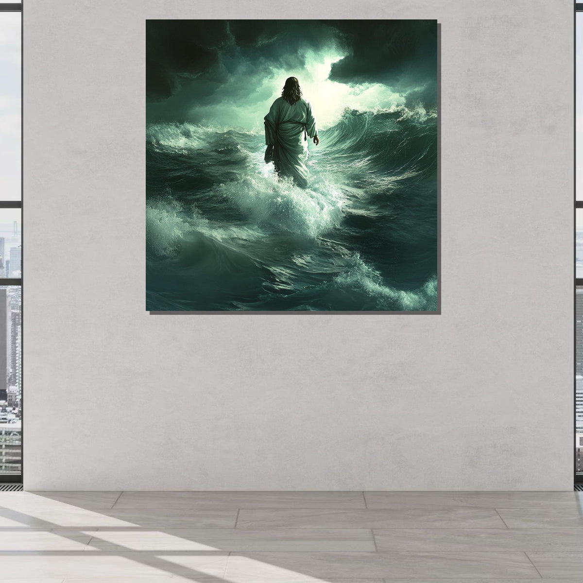 Jesus Walking on Water Canvas, Divine Miracle Art, Inspirational Christian Wall Decor, Spiritual Ocean Artwork, Ready to Hang