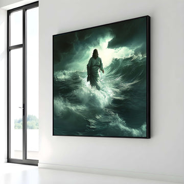Jesus Walking on Water Canvas, Divine Miracle Art, Inspirational Christian Wall Decor, Spiritual Ocean Artwork, Ready to Hang