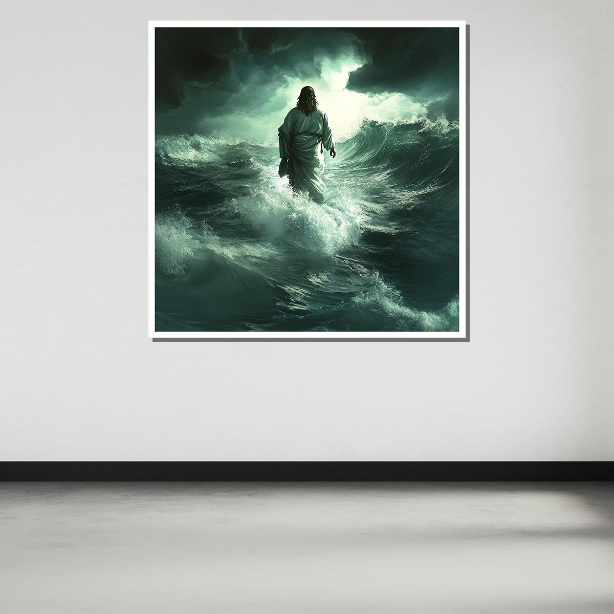 Jesus Walking on Water Canvas, Divine Miracle Art, Inspirational Christian Wall Decor, Spiritual Ocean Artwork, Ready to Hang