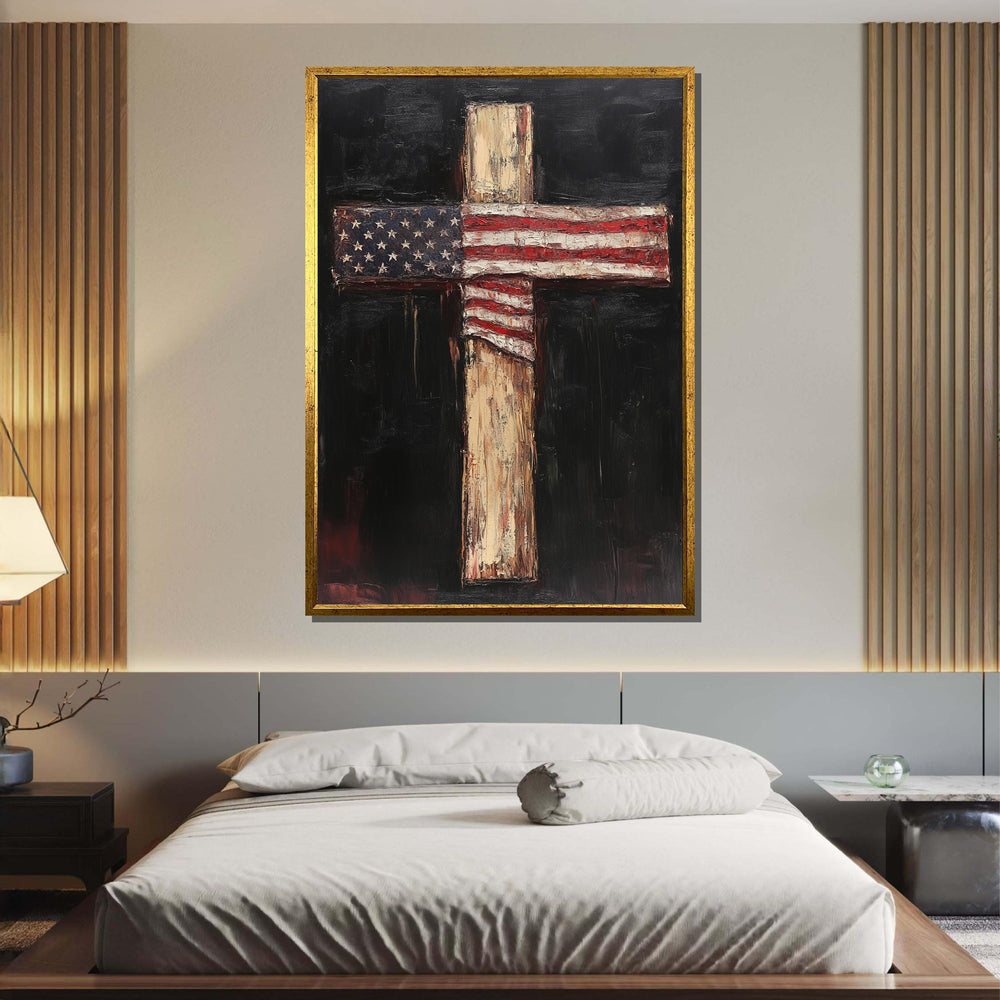 American Flag Cross Canvas, Patriotic Faith Art, Rustic Religious Wall Decor, USA Christian Artwork, Ready to Hang