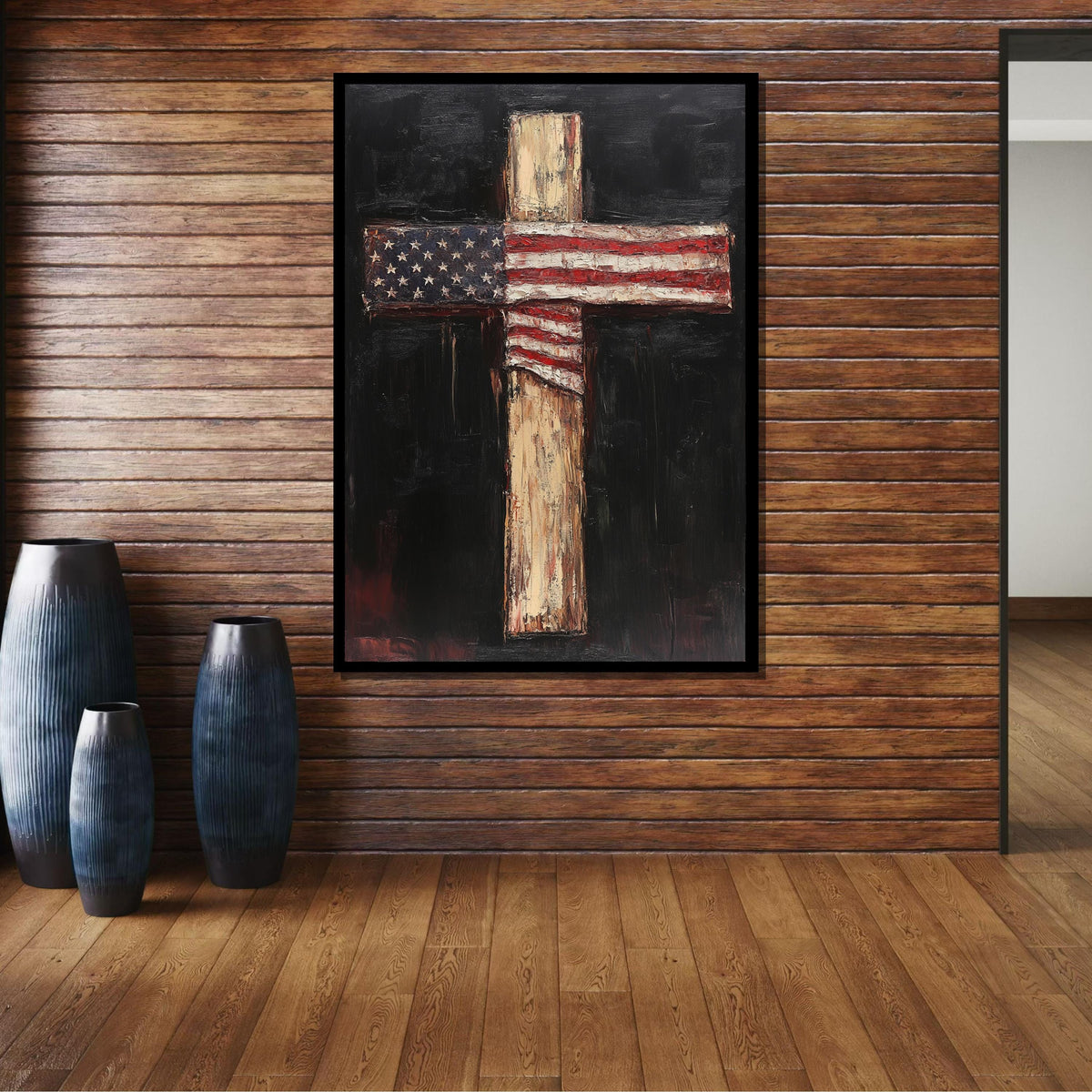 American Flag Cross Canvas, Patriotic Faith Art, Rustic Religious Wall Decor, USA Christian Artwork, Ready to Hang