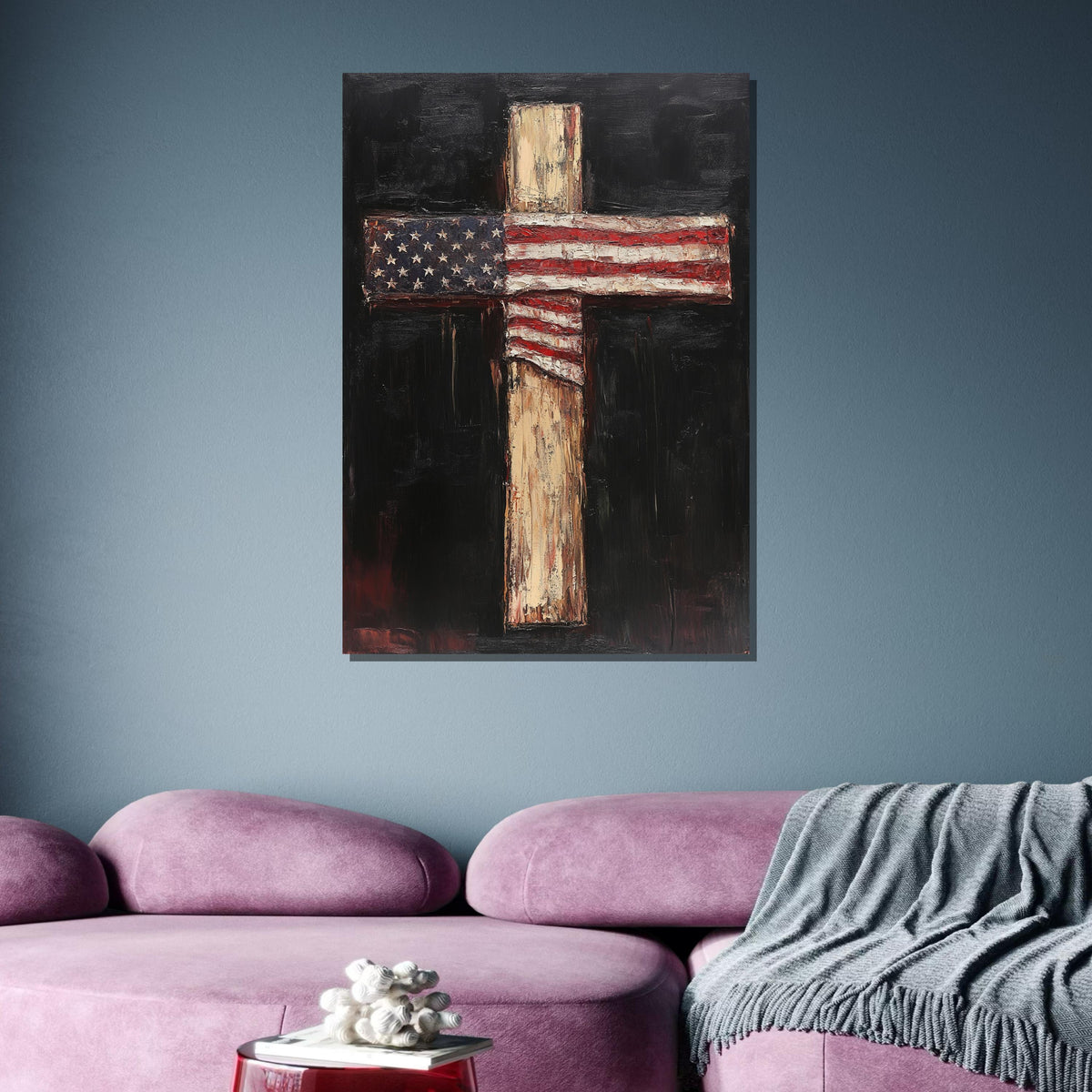 American Flag Cross Canvas, Patriotic Faith Art, Rustic Religious Wall Decor, USA Christian Artwork, Ready to Hang