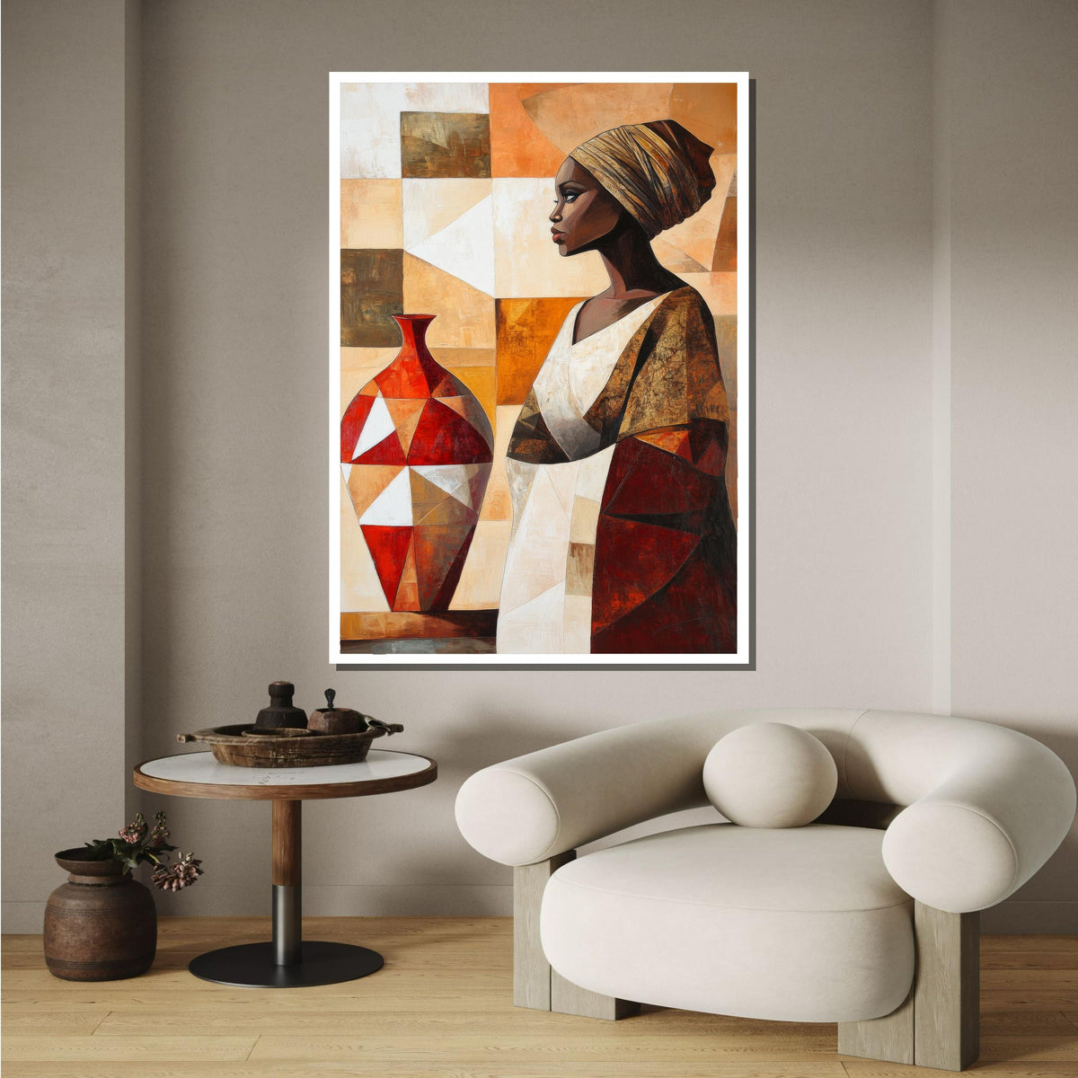 African Woman with Vase Canvas, Cultural Art Print,Geometric Abstract Portrait, Bohemian Wall Art,Bold Artistic Wall Art for Home,Afro Woman