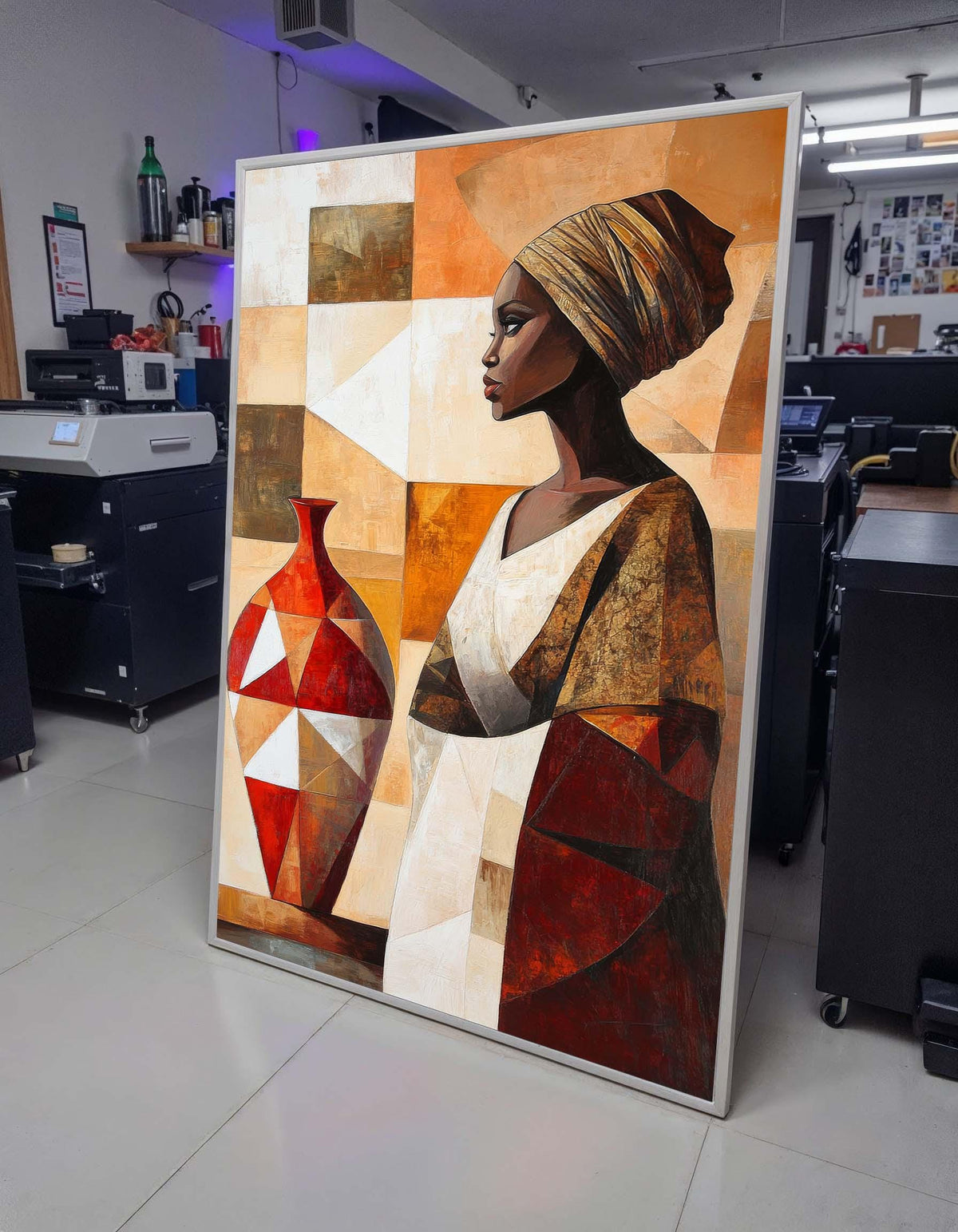 African Woman with Vase Canvas, Cultural Art Print,Geometric Abstract Portrait, Bohemian Wall Art,Bold Artistic Wall Art for Home,Afro Woman