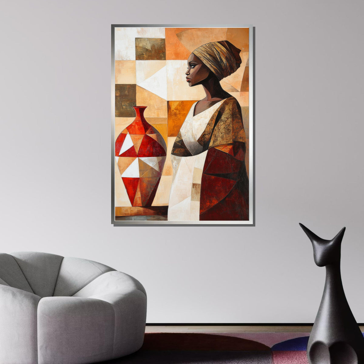 African Woman with Vase Canvas, Cultural Art Print,Geometric Abstract Portrait, Bohemian Wall Art,Bold Artistic Wall Art for Home,Afro Woman