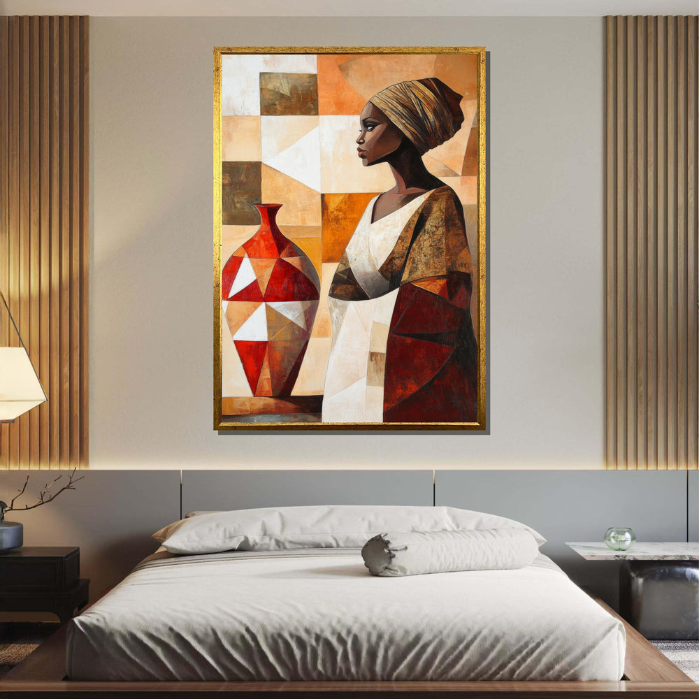 African Woman with Vase Canvas, Cultural Art Print,Geometric Abstract Portrait, Bohemian Wall Art,Bold Artistic Wall Art for Home,Afro Woman