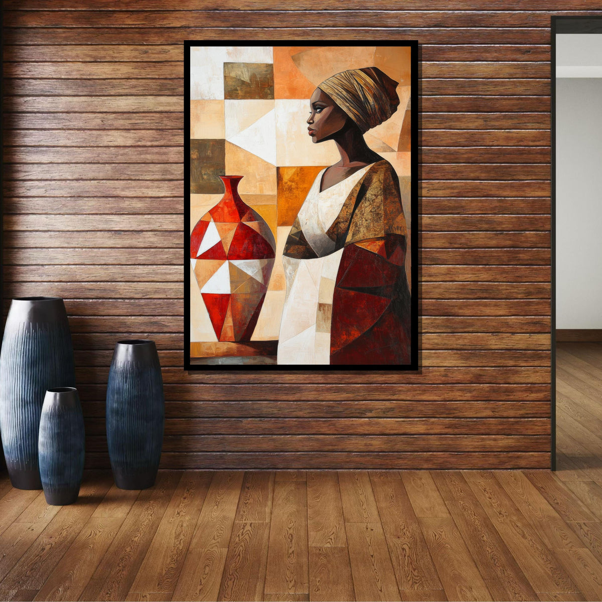 African Woman with Vase Canvas, Cultural Art Print,Geometric Abstract Portrait, Bohemian Wall Art,Bold Artistic Wall Art for Home,Afro Woman