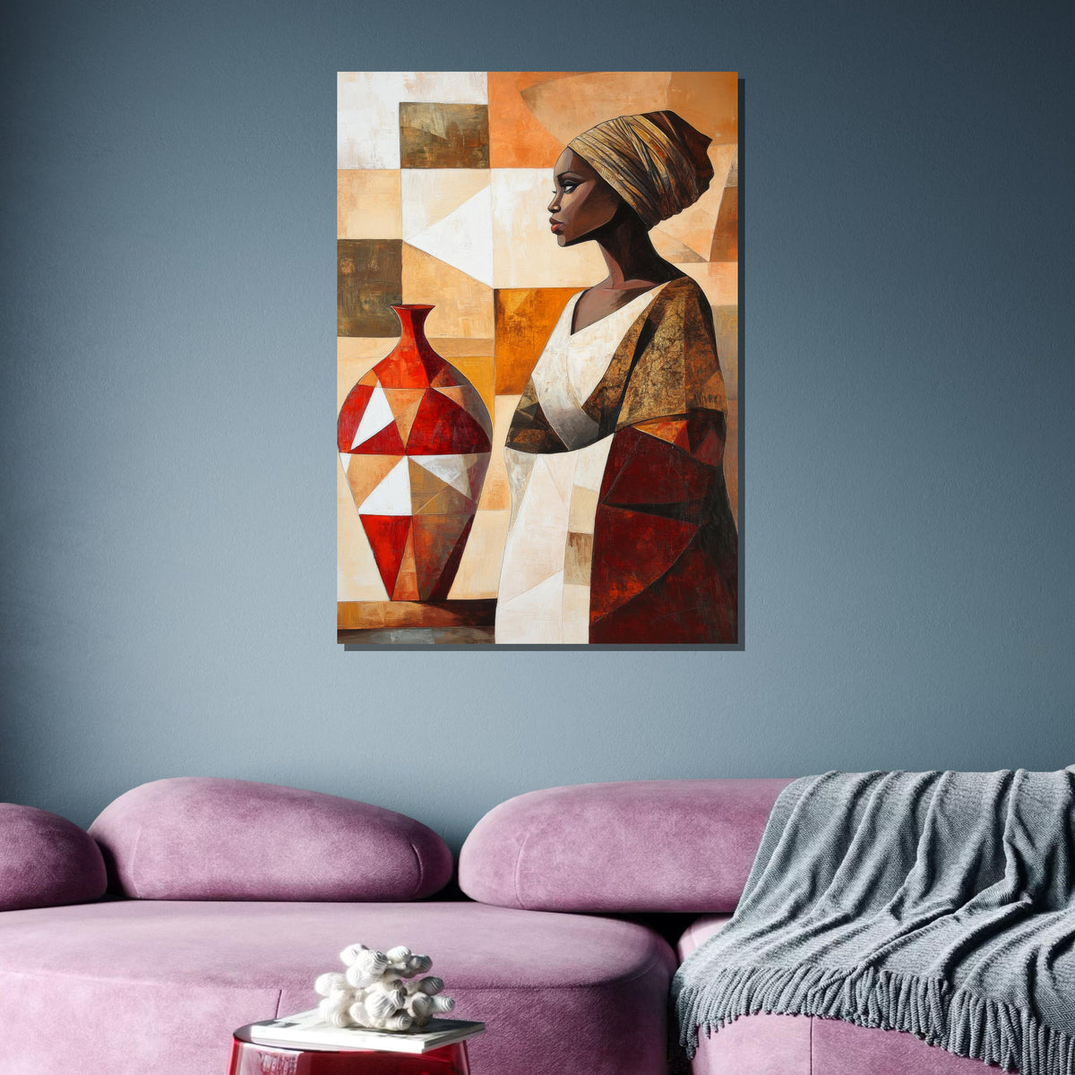 African Woman with Vase Canvas, Cultural Art Print,Geometric Abstract Portrait, Bohemian Wall Art,Bold Artistic Wall Art for Home,Afro Woman