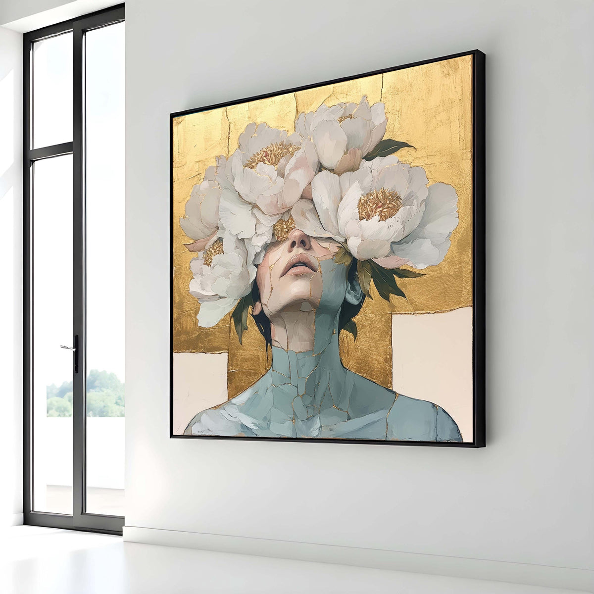 Floral Face Canvas, Golden Floral Art, Abstract Portrait, Modern Wall Decor,Large Wall Art Living Room Art,Framed Ready toHang