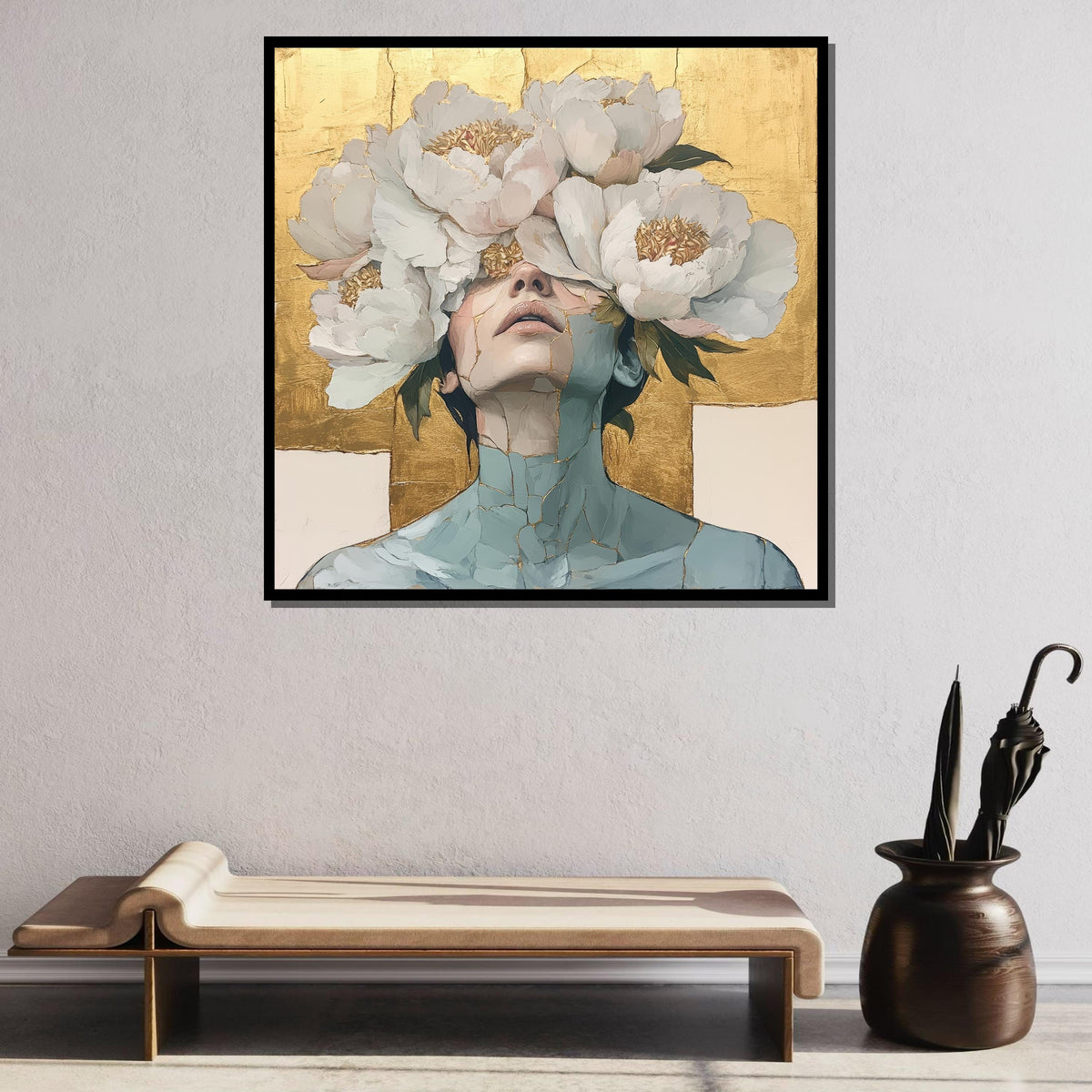 Floral Face Canvas, Golden Floral Art, Abstract Portrait, Modern Wall Decor,Large Wall Art Living Room Art,Framed Ready toHang