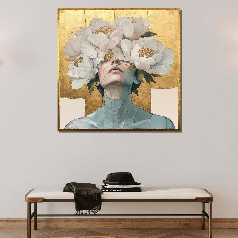 Floral Face Canvas, Golden Floral Art, Abstract Portrait, Modern Wall Decor,Large Wall Art Living Room Art,Framed Ready toHang