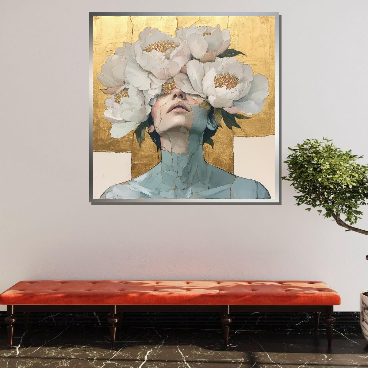 Floral Face Canvas, Golden Floral Art, Abstract Portrait, Modern Wall Decor,Large Wall Art Living Room Art,Framed Ready toHang